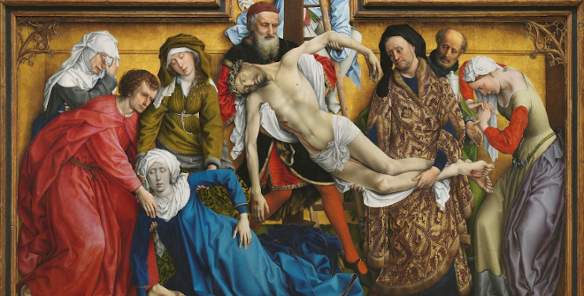 El Descendimiento. Rogier van der Weyden. Óleo sobre tabla, 204,5 x 261,5 cm. Antes de 1443. Museo Nacional de Prado, Madrid