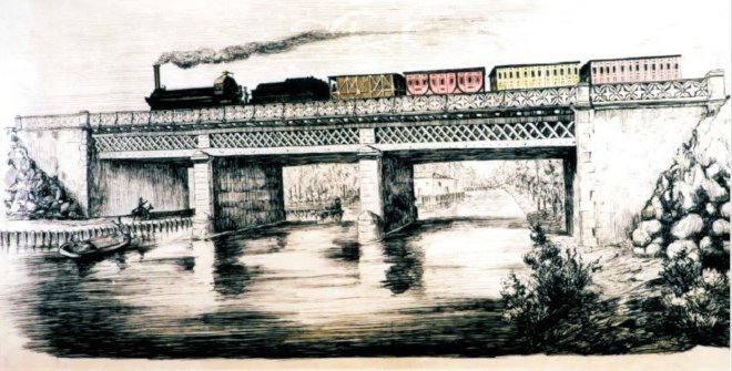 Vista general del puente ferroviario sobre el río Manzanares (1851). AHF, signatura: IG- 00866.
